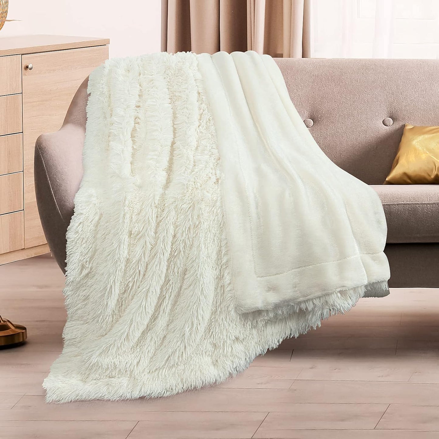 TOONOW Extra Soft Fuzzy Faux Fur Throw Blanket 50"x60", Reversible Lightweight Fluffy Cozy Plush Comfy Microfiber Fleece Decorative Shaggy Blanket for Couch Sofa Bed, Cream White