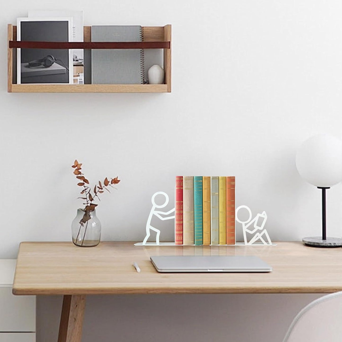 Metal Unique Office Desk Bookends Bookends Decorative Cute Book Ends Reading Decor Bookshelf Decor for Office School Library Bedroom, Book Lovers Gift（White）