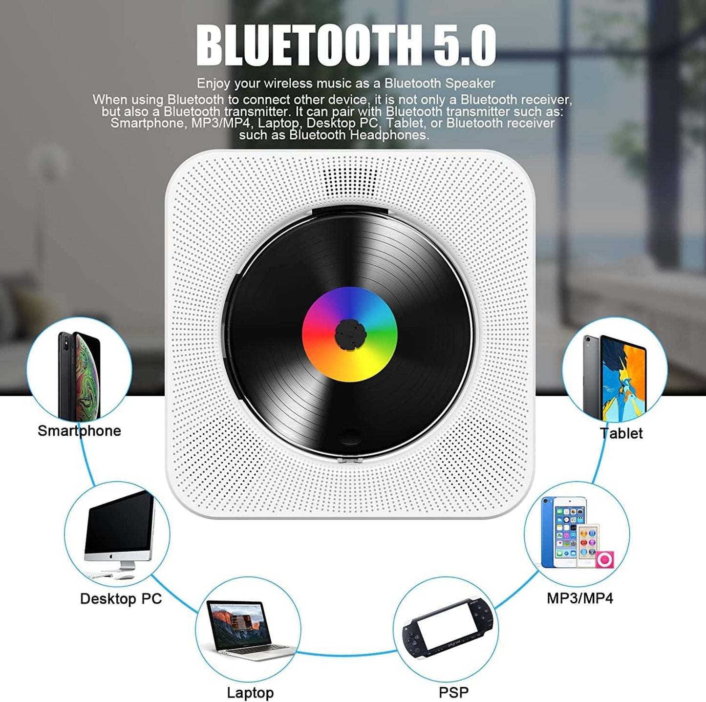 Gueray CD Player Portable Bluetooth Desktop CD Player for Home with Timer Built-in HiFi Speakers with LCD Screen Display Boombox FM Radio USB Type-c (White)