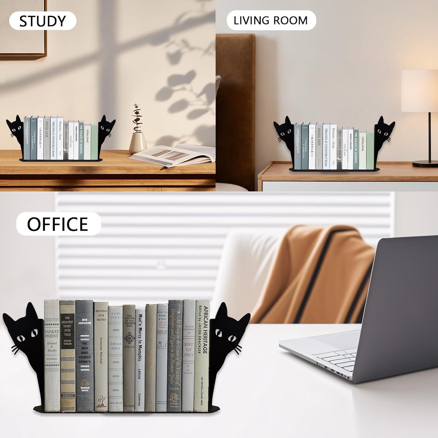 Book Ends, Black Cat Metal Bookends for Shelves Decorative with Non-Slip Bottom, Cute Bookshelf Decor, Book Ends for Shelves, Decorative Objects, Unique Bookends