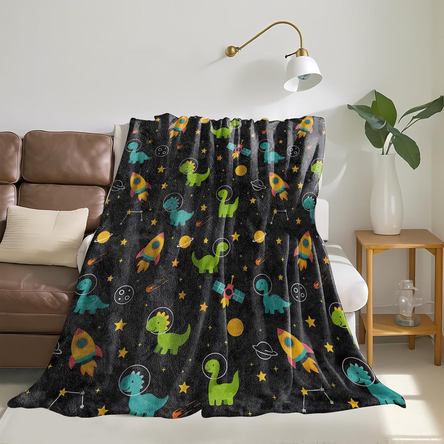Cute Dinosaur Throw Blanket, Warm Flannel Blankets Space with Rocket Star and Planet, Fun Cartoon Decor and Gifts, Soft Cozy Throws, 50"X60" for Bedroom Couch Travel Office