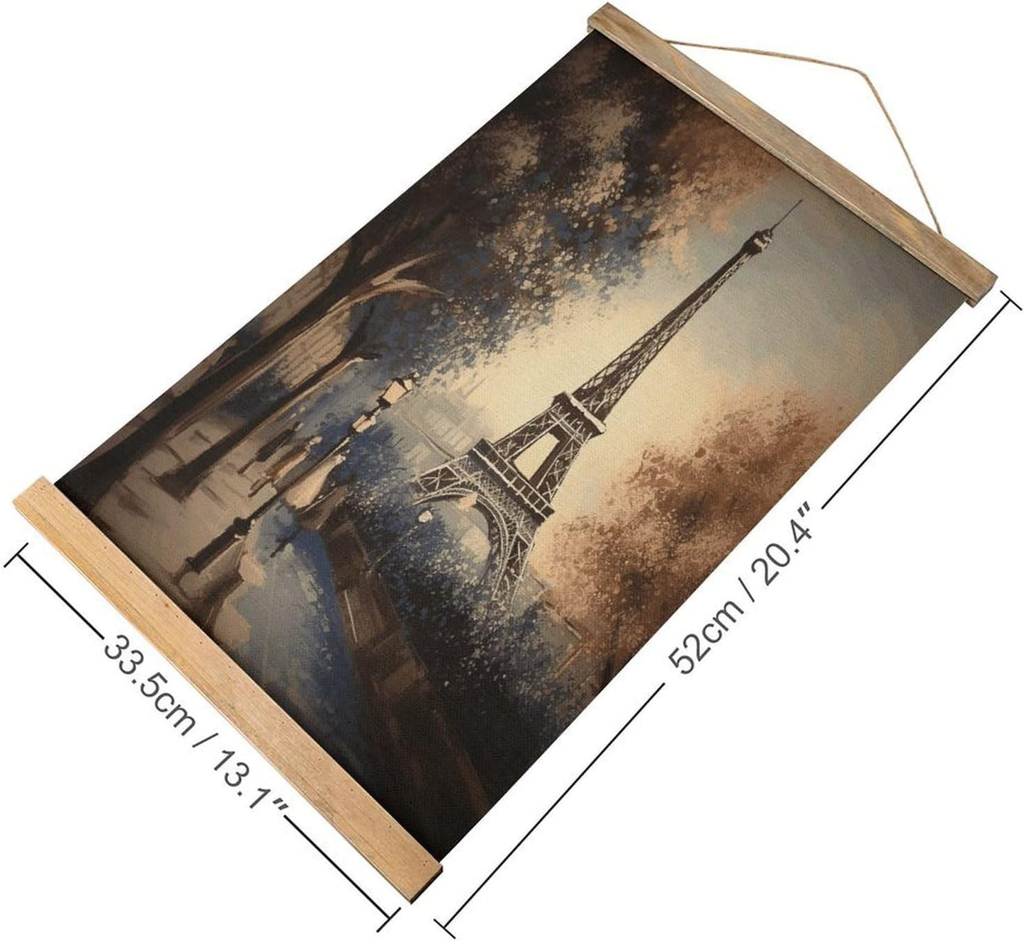 Vintage Romantic Paris Eiffel Tower Poster with Wooden Frame Personalized Linen Hanging Scroll Painting Rustic Wall Hanging Illustrative Modern Artwork Decor for Home Living Room Bedroom Office