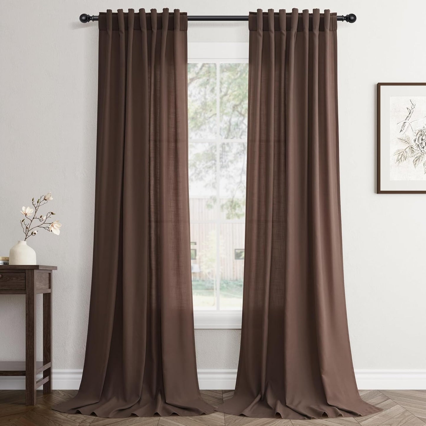 Coffee Linen Curtains 84 inch Length 2 Panels Set Modern Farmhouse Living Room Drapes Light Filtering Rod Pocket Back Tab Filtering Privacy Semi Sheer Curtain 84 inches Long