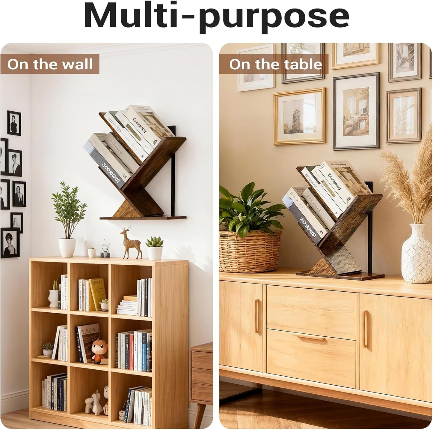3-Tier Tree Book Shelves for Wall, Small Wall Mounted Shelves, Unique Hanging Bookshelf Storage Rack, Floating Bookshelves Organizer for Living Room, Office, Rustic Brown & Black