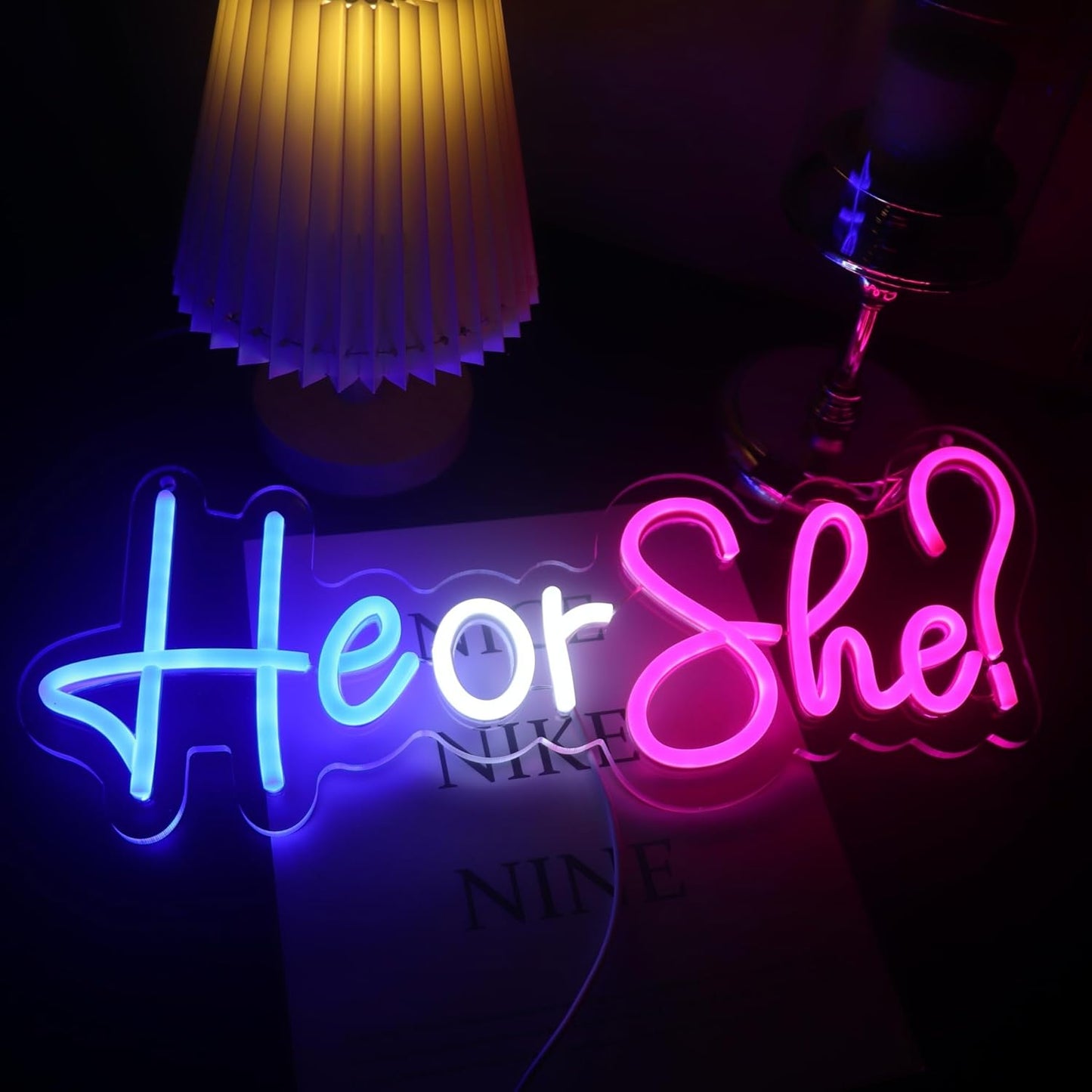 He or She Neon Signs Led Gender Reveal Party Decorations Neon Letters Signs Pregnancy Announcement Party Supplies Baby Shower Yard Signs(Pink-blue)