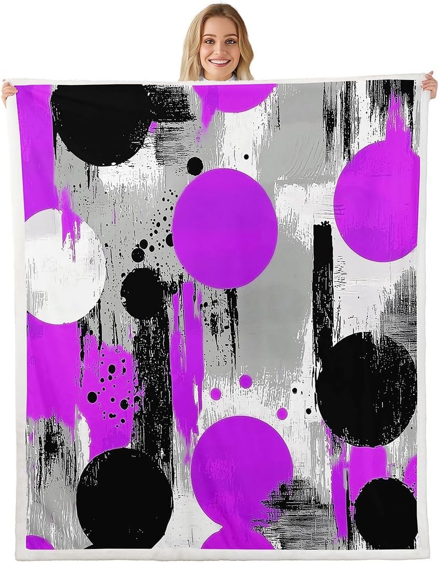 Feelyou Purple Black Circle Sherpa Throw Blanket for Couch Geometric Super Soft Cozy Fleece Modern Abstract Blanket for Winter, Plush Throw Throw 50"x60" All Season