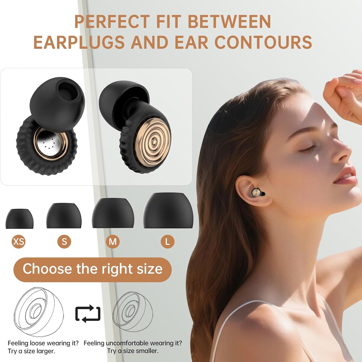 Noise-Cancelling Ear Plugs for Sleeping, Travel, Work and Concerts – Reusable Noise-Reducing Earplugs (XS/S/M/L) Soft Silicone Sleep Earbuds for Comfortable Fit, Hearing Protection(Champagne)