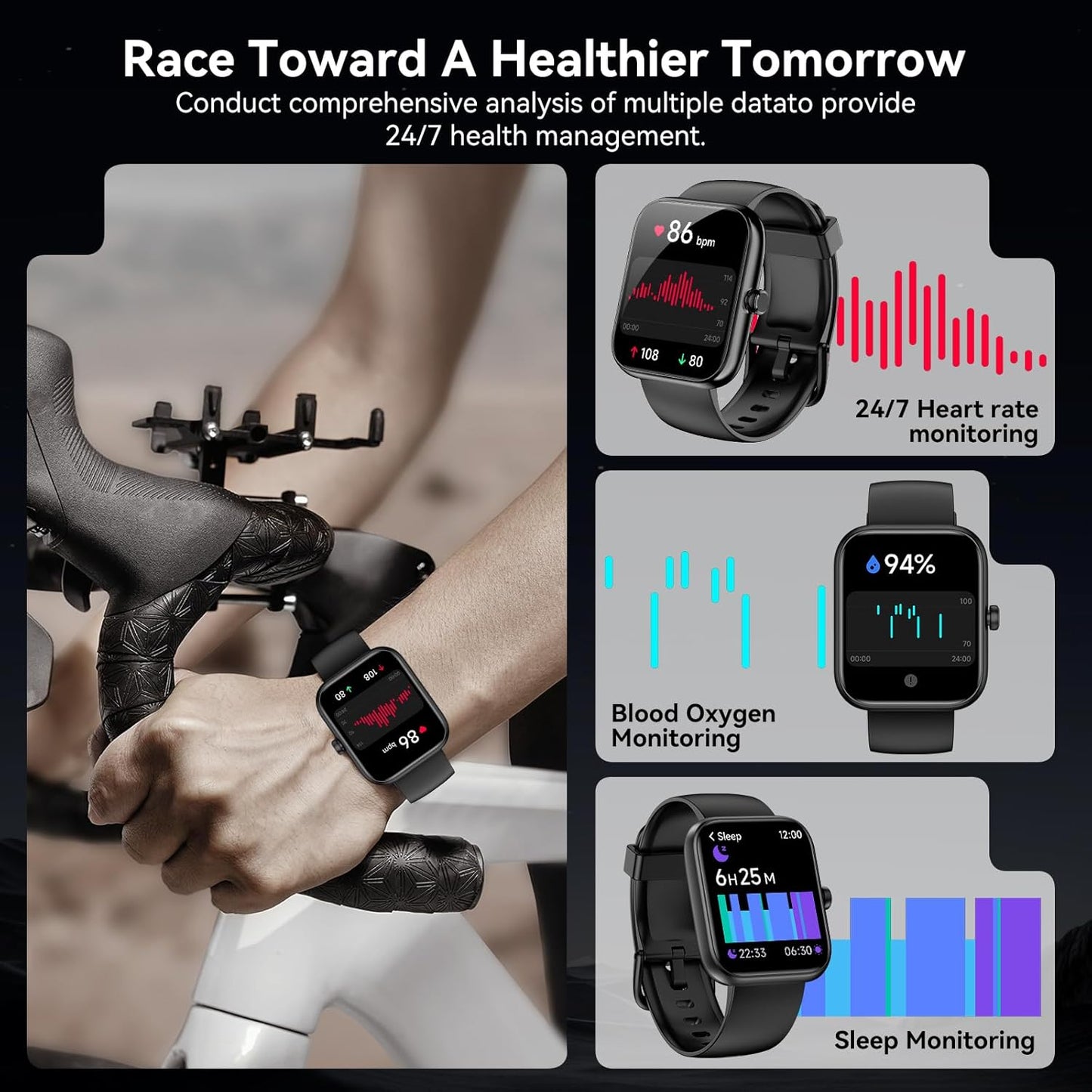 Smart Watch for Men Women with Alexa Built-in, 1.83" HD Full Touch, Bluetooth Calling, 24/7 Heart Rate Sleep Monitor, 100+ Sport Modes, IP68 Waterproof, Compatible with iOS Android (Black)