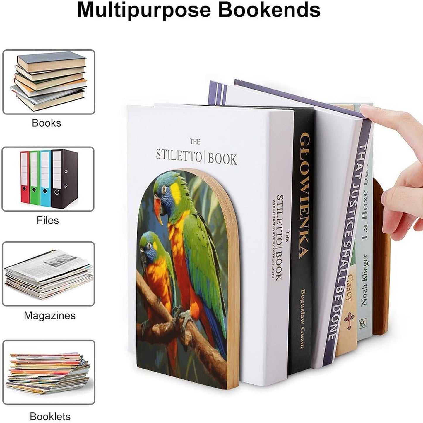 Bird Parrot Painting Bookend for Shelves Wooden Book End Large Size Sturdy Book Holders Stoppers with Metal Base for Bookshelves Slick Decorative Bookends Stands