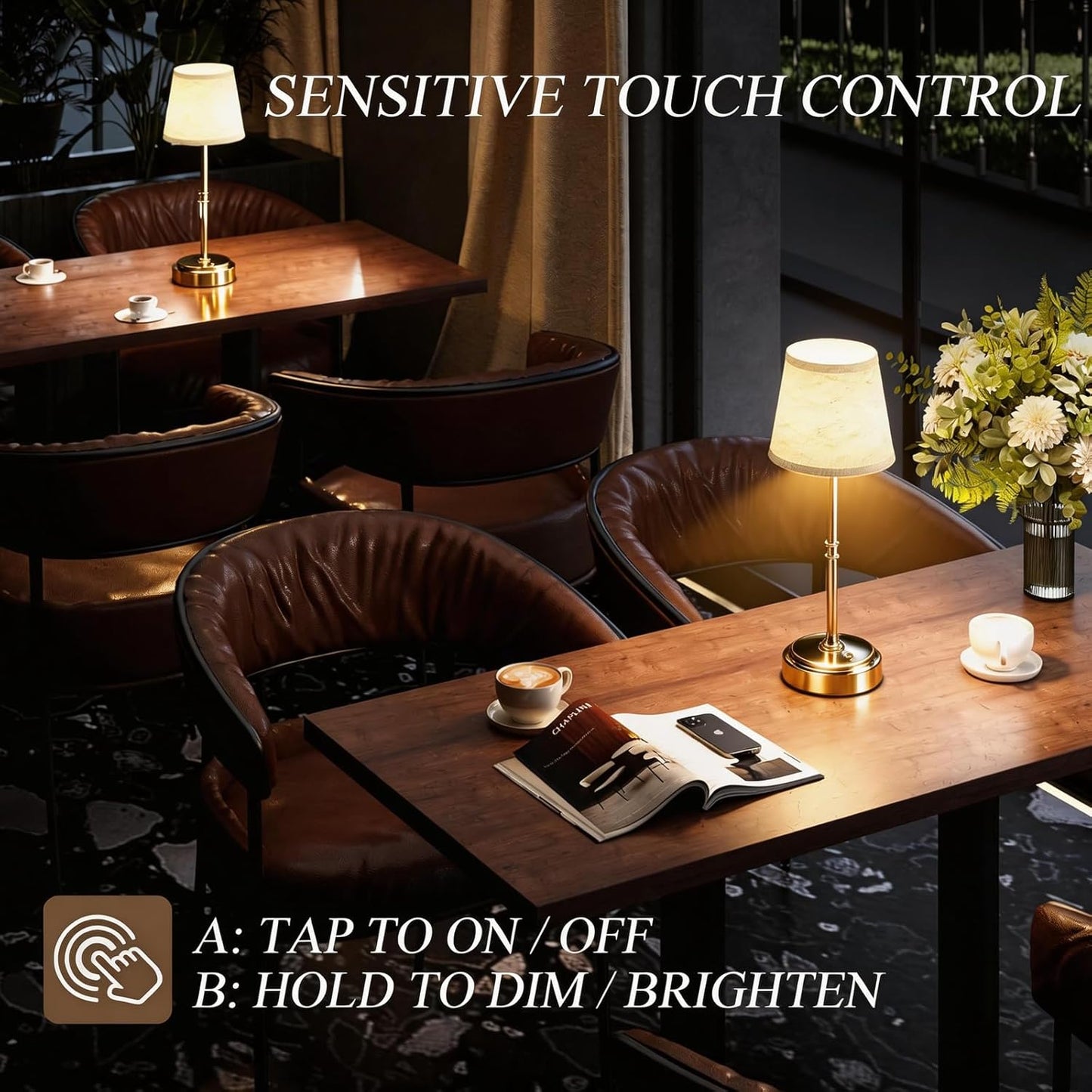 Cordless Table Lamp - 7500mAh Longest Lasting Battery Operated Lamp, 1 Pack Antique Brass Aesthetic Cozy Rechargeable Desk Lamp for Kitchen Counter, Dining Room & Restaurant Centerpiece