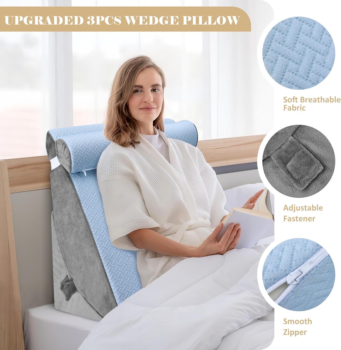 Bed Wedge Pillow for Sleeping, Adjustable Wedge Pillow Set for After Surgery, Elevated Triangle Pillow for Acid Reflux and Back Pain Relief, Post Surgery, Sleep Apnea, Back Suppor