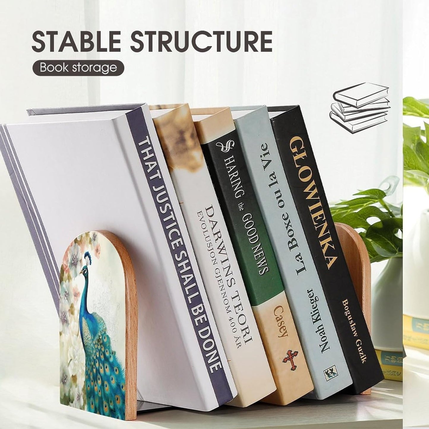 Beautiful Peacock and Floral Bookends 1 Pair Heavy Duty Book Ends for Shelves Non-Skid Bookend Supports Wooden Book Holders with Metal Base Desk Organizers Books Storage to Hold Books