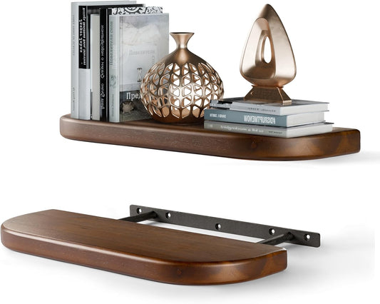 BATODA Set of 2 17" Acacia Wood Floating Shelves Wall Mounted (Round Edge) – Wooden Decorative Wall Bookshelf - Storage Shelf Organizer for Home - Black Brackets and Shelving Mounting Included(Walnut)