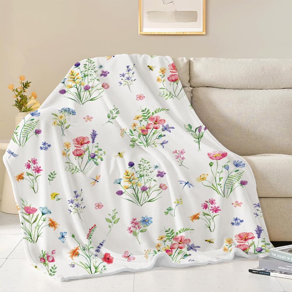 Colorful Wildflowers Throw Blanket Botanical Plant Bed Blanket Watercolor Floral Flower Blankets Soft Flannel Fleece Throw Blanket Boho Cozy Fluffy Plush Blankets 60" X 80"
