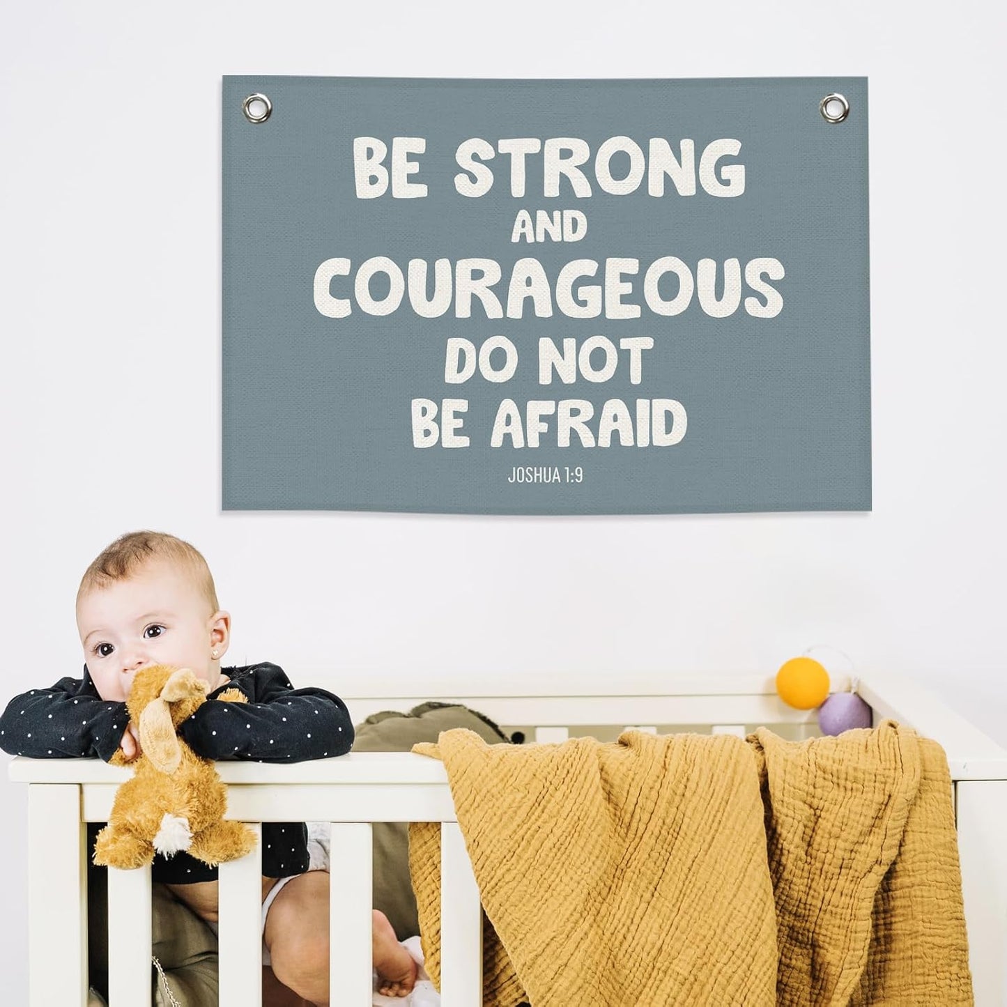 Blue Christian Kids Boys Banner Canvas, Bible Verse Be Strong Courageous Toddler Room Decor, Inspirational Hanging Flag Sign, Nursery Wall Tapestry Art for Playroom Bedroom Classroom 20x30in