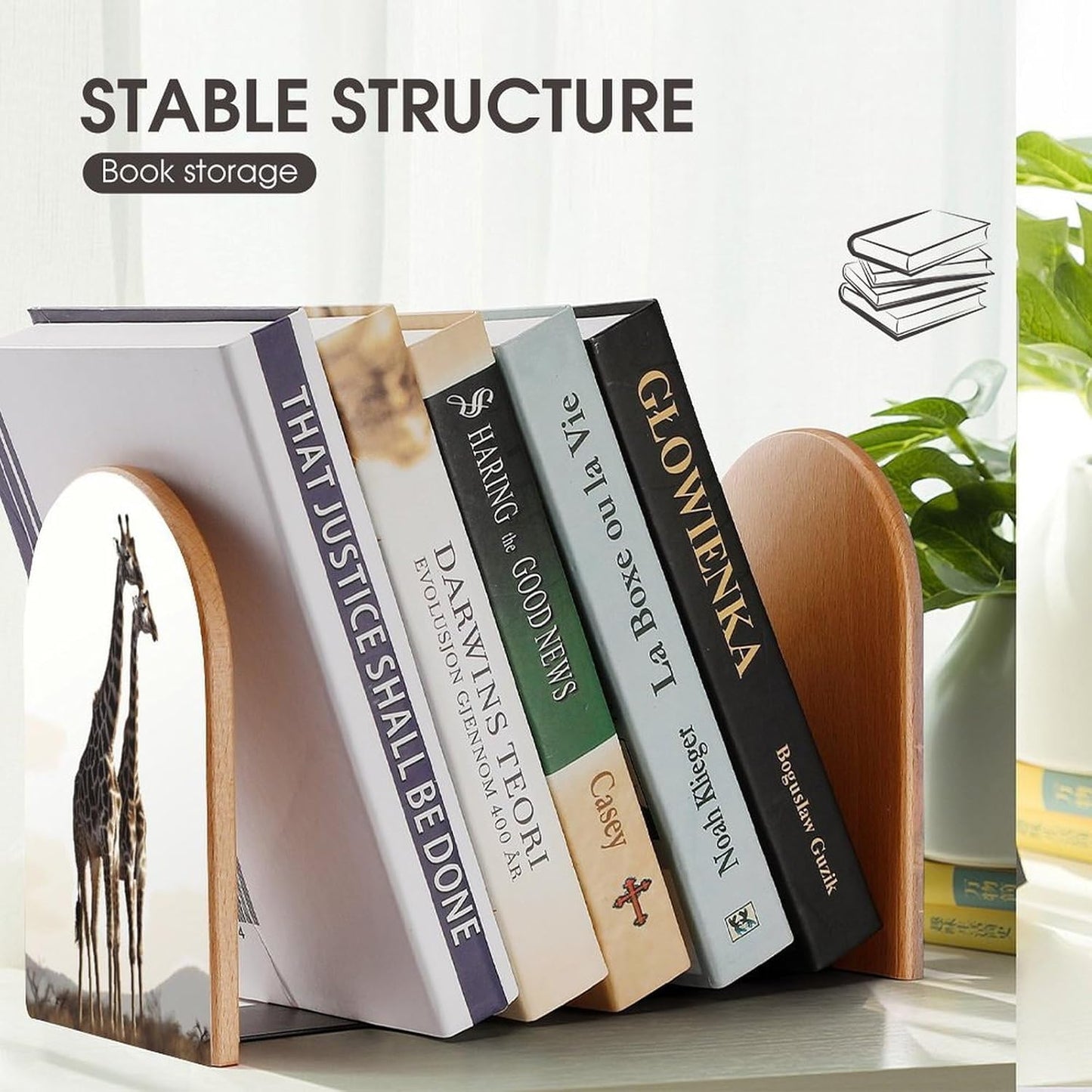 Non-Slip Bookend for Shelves African Giraffe Wooden Bookends with Metal Base Decorative Book Stopper for Home Heavy Duty Wood Book Storage for Books/CDs