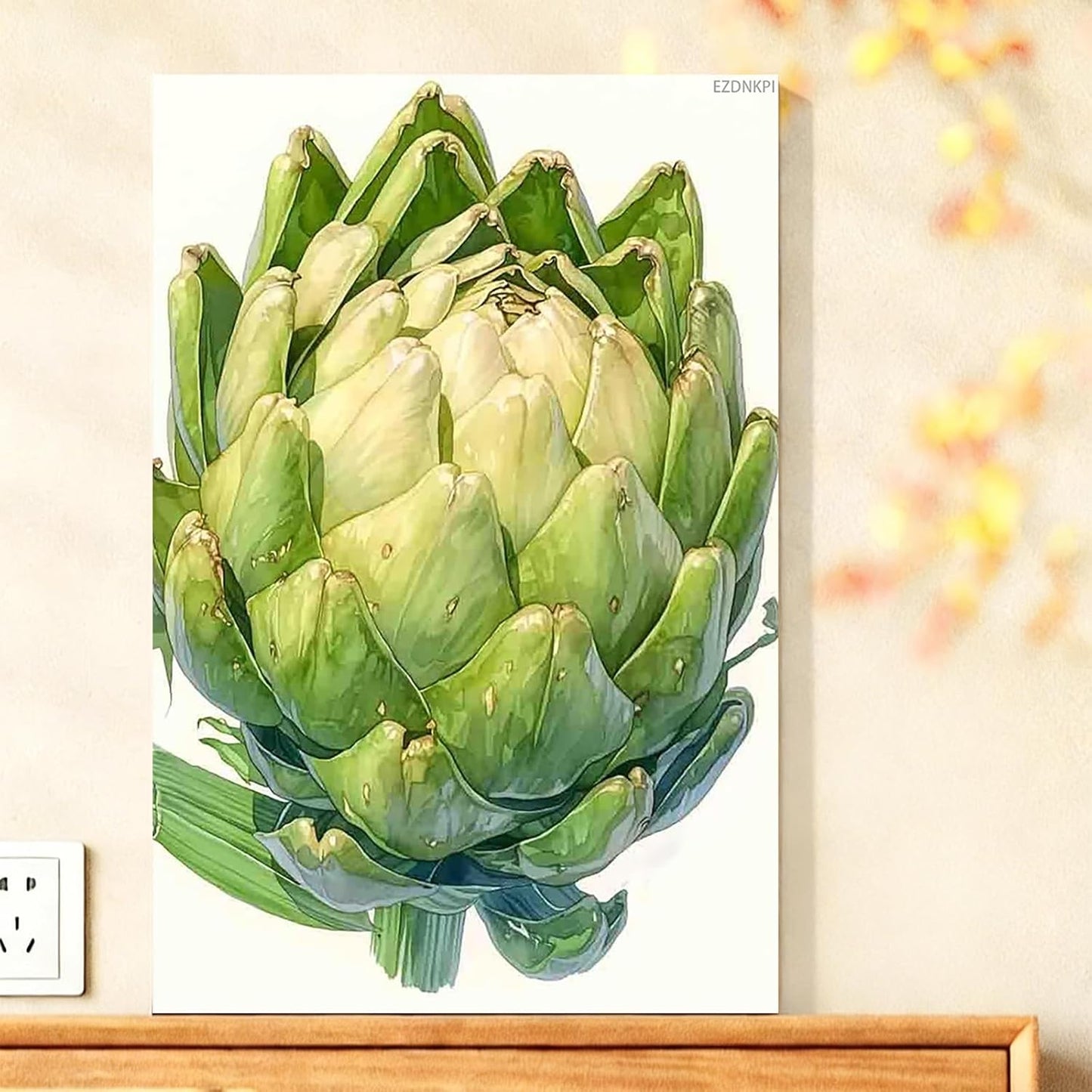 Artichoke Food Kitchen Watercolors Painting, Kitchen Wall Art, Cooking Print, Food Painting, Restaurant Decor for Home Bedroom Living Room Wall Decor Easy to Hang 8x12inch Canvas Print with Frame