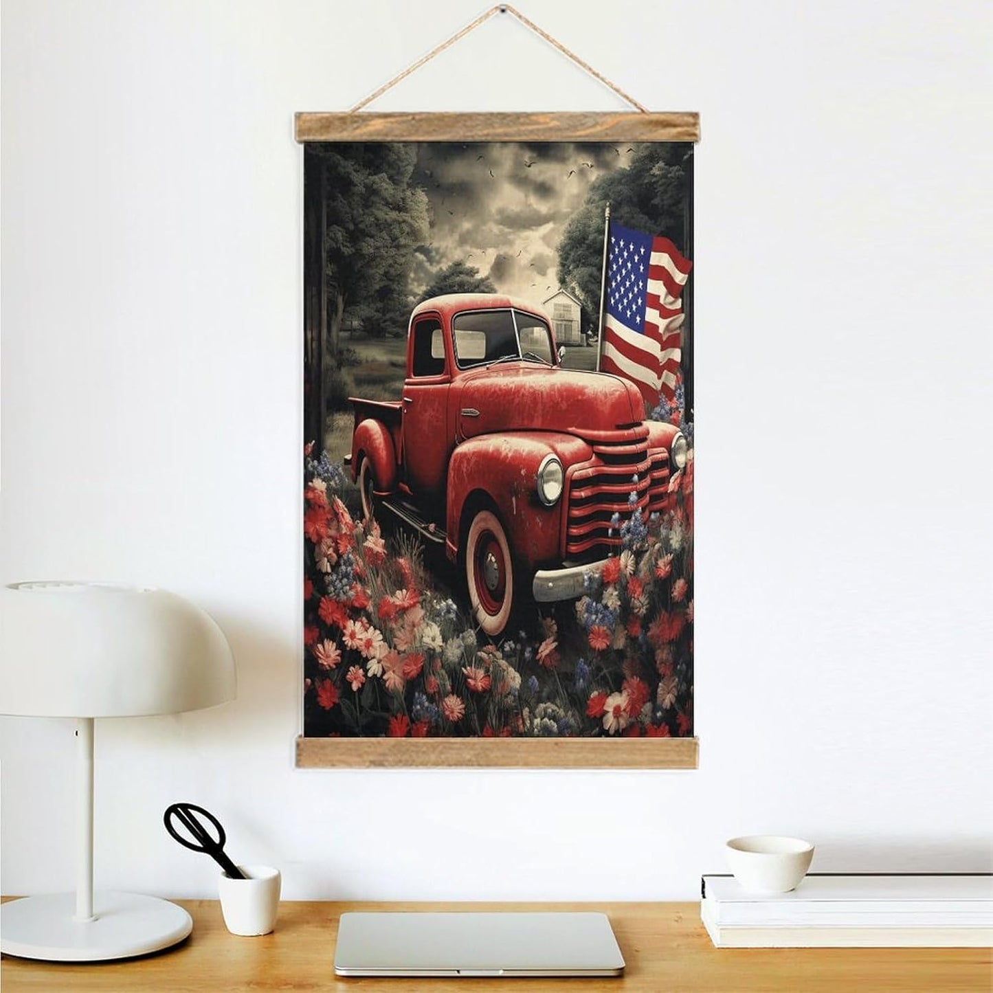 Vintage 4th Of July Patriotic Old Red Truck Poster with Wooden Frame Personalized Linen Hanging Scroll Painting Rustic Wall Hanging Illustrative Modern Artwork Decor for Home Living Room Bedroom Offic