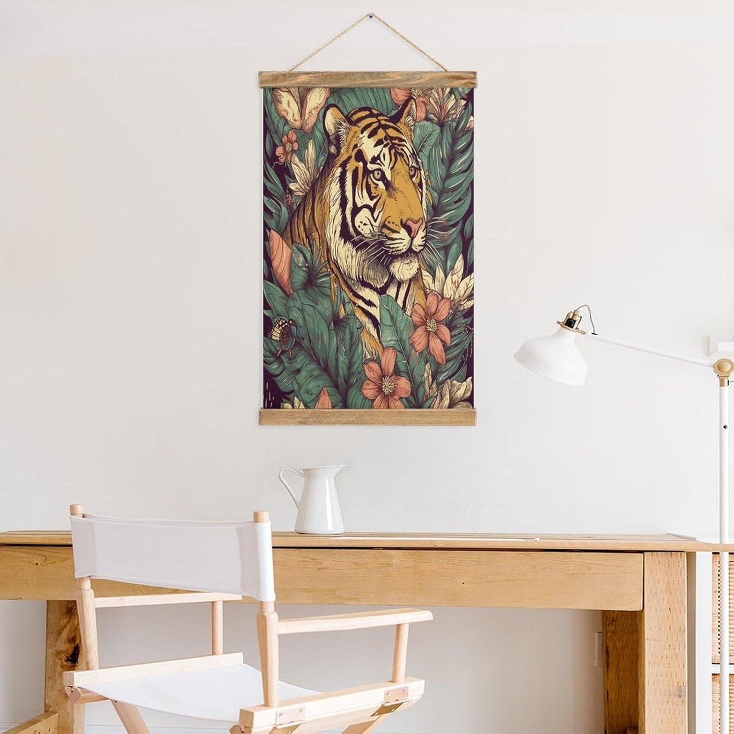 Vintage Tropical Tiger Poster with Wooden Frame Personalized Linen Hanging Scroll Painting Rustic Wall Hanging Illustrative Modern Artwork Decor for Home Living Room Bedroom Office