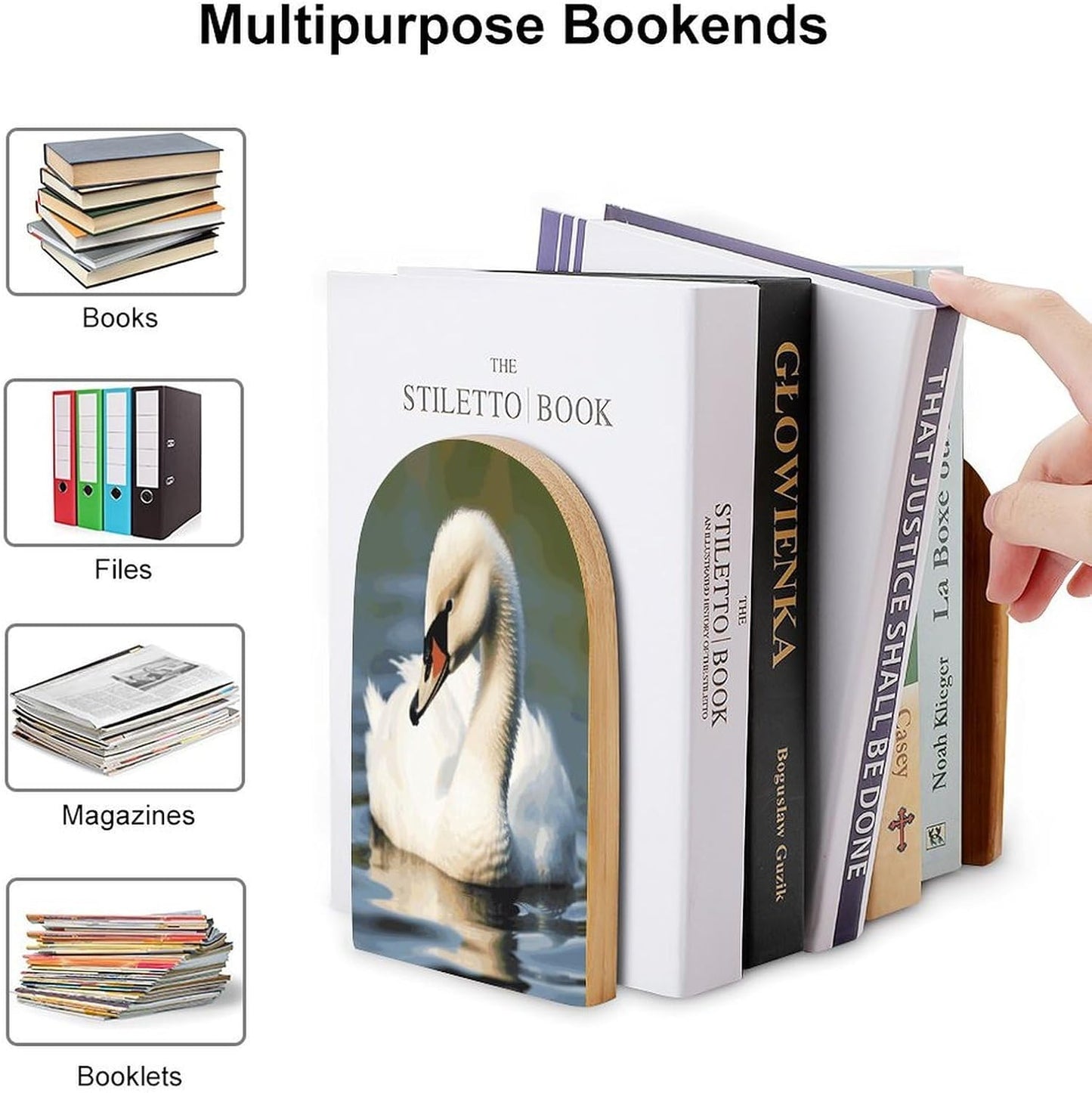 Non-Slip Bookend for Shelves Cute Little Swan Wooden Bookends with Metal Base Decorative Book Stopper for Home Heavy Duty Wood Book Storage for Books/CDs