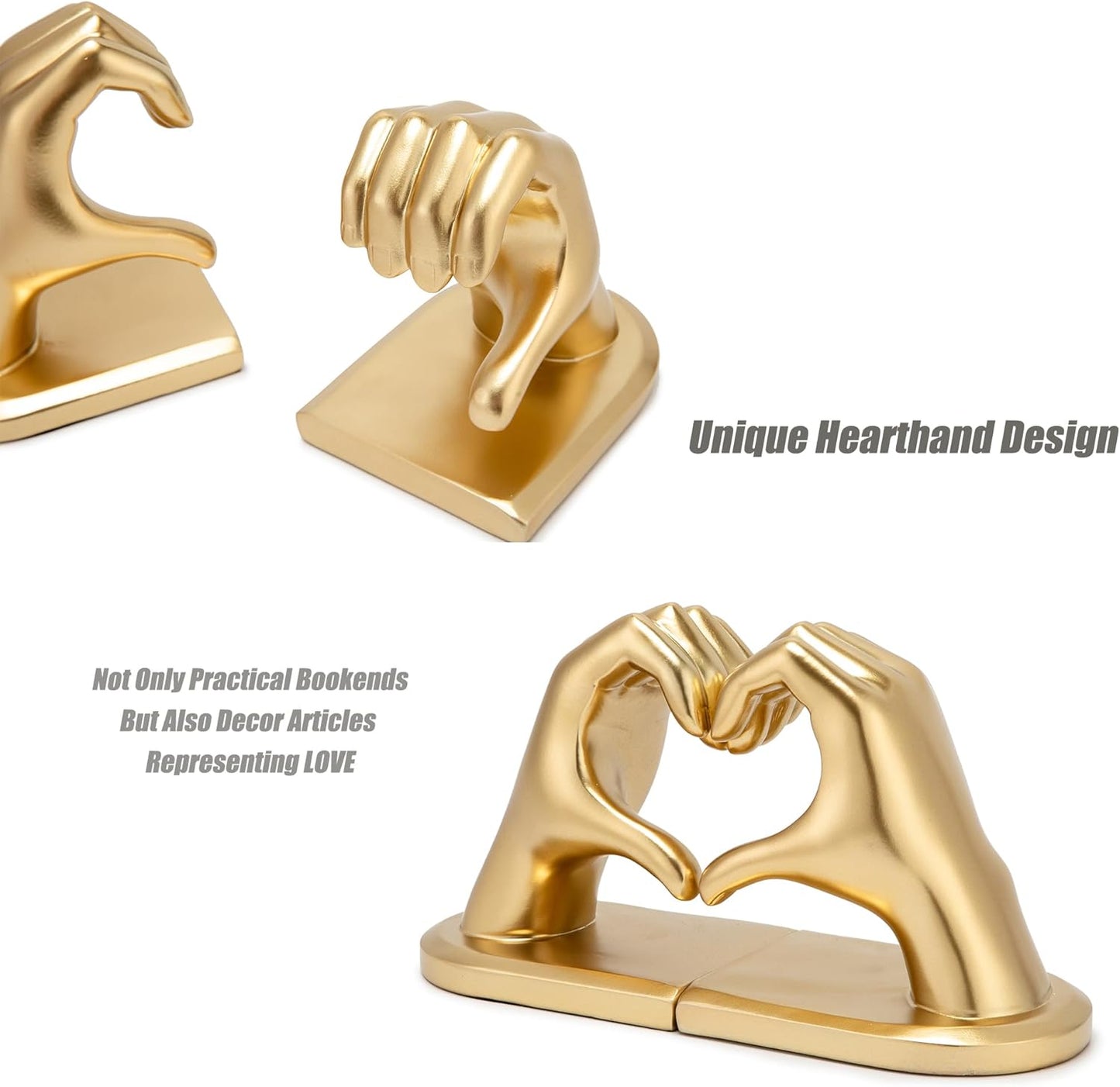 Decorative Bookends, Solid Hearthands Sculpture Book Stopper Decor Book Holder for Shelf Home Office Bedroom Living Room (Gold)