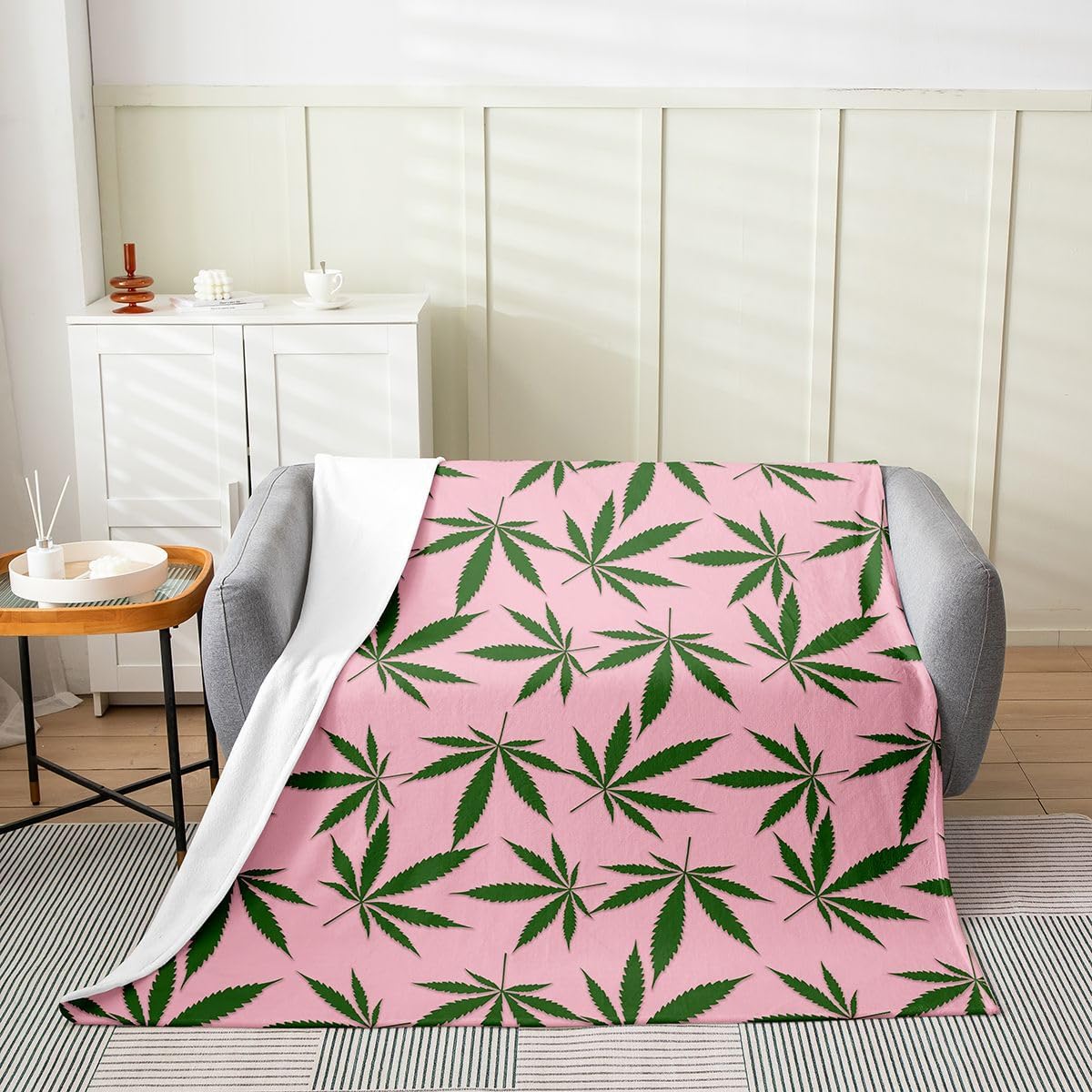 Marijuana Leaf Fleece Throw Blanket for Bed Sofa Couch,Cannabis Leaves Flannel Fuzzy Blanket All Season Green Plants Hemp Bed Blanket,Pink Marijuana Weed Leaf Room Decor Plush Blanket Queen 90"x90"