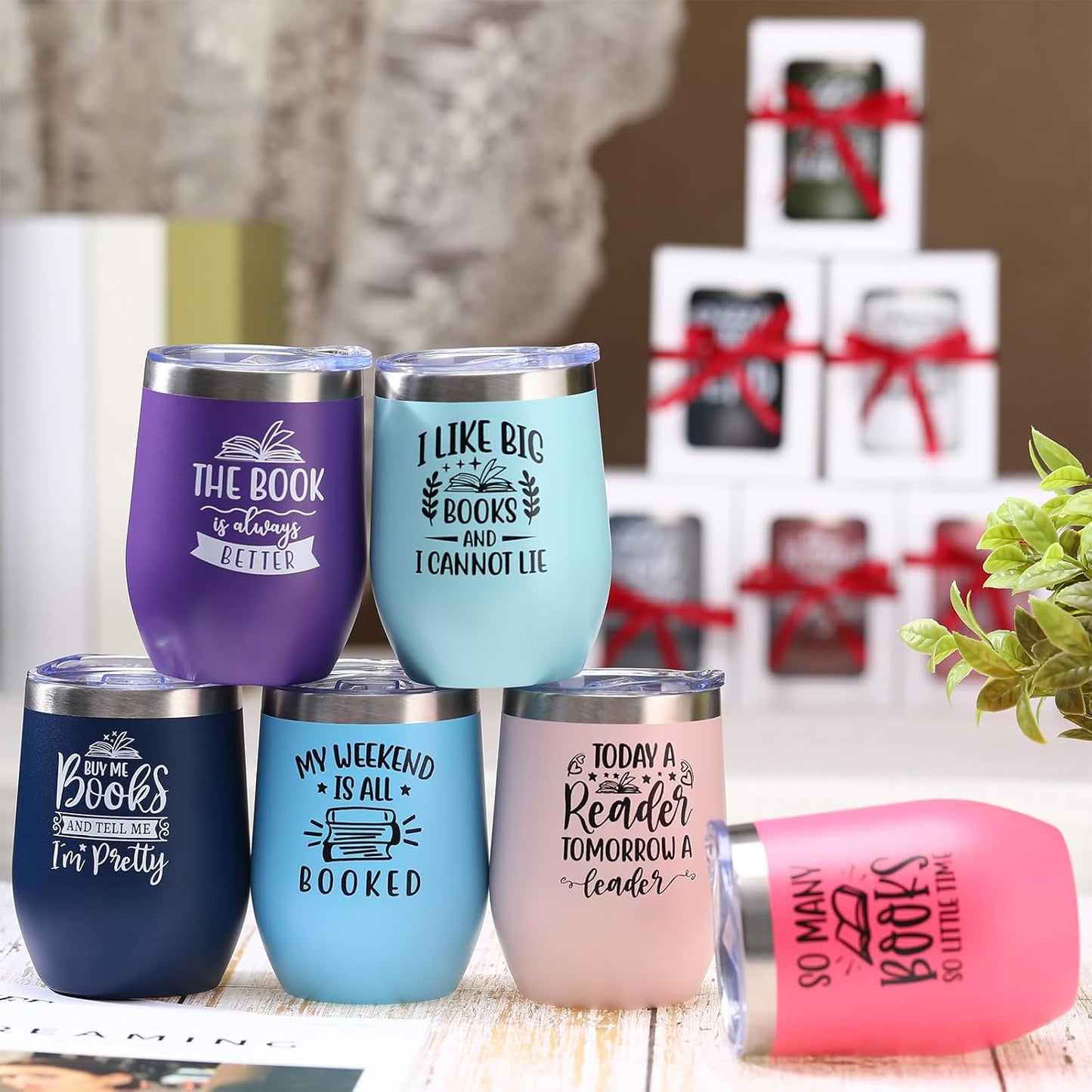 Sieral 12 Pcs Book Club Gift Valentine's Day Gift for Book Lovers Reading Cups Bulk 12 oz Double Wall Vacuum Insulated Literature Bookish Librarian Tumbler Mugs with Lid Translucent Box Red Ribbon
