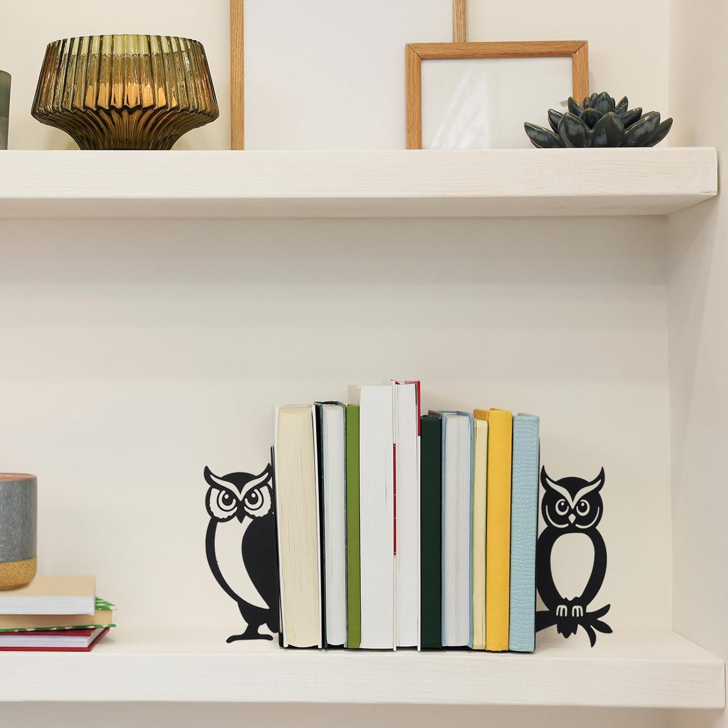 Geelin Owl Bookends for Shelves Decorative Metal Book Ends Set of 2 Styles Vintage Style Black Owl Design Heavy Duty Non-Slip Book Holders for Home Library Office Decor Gift for Reading Lovers