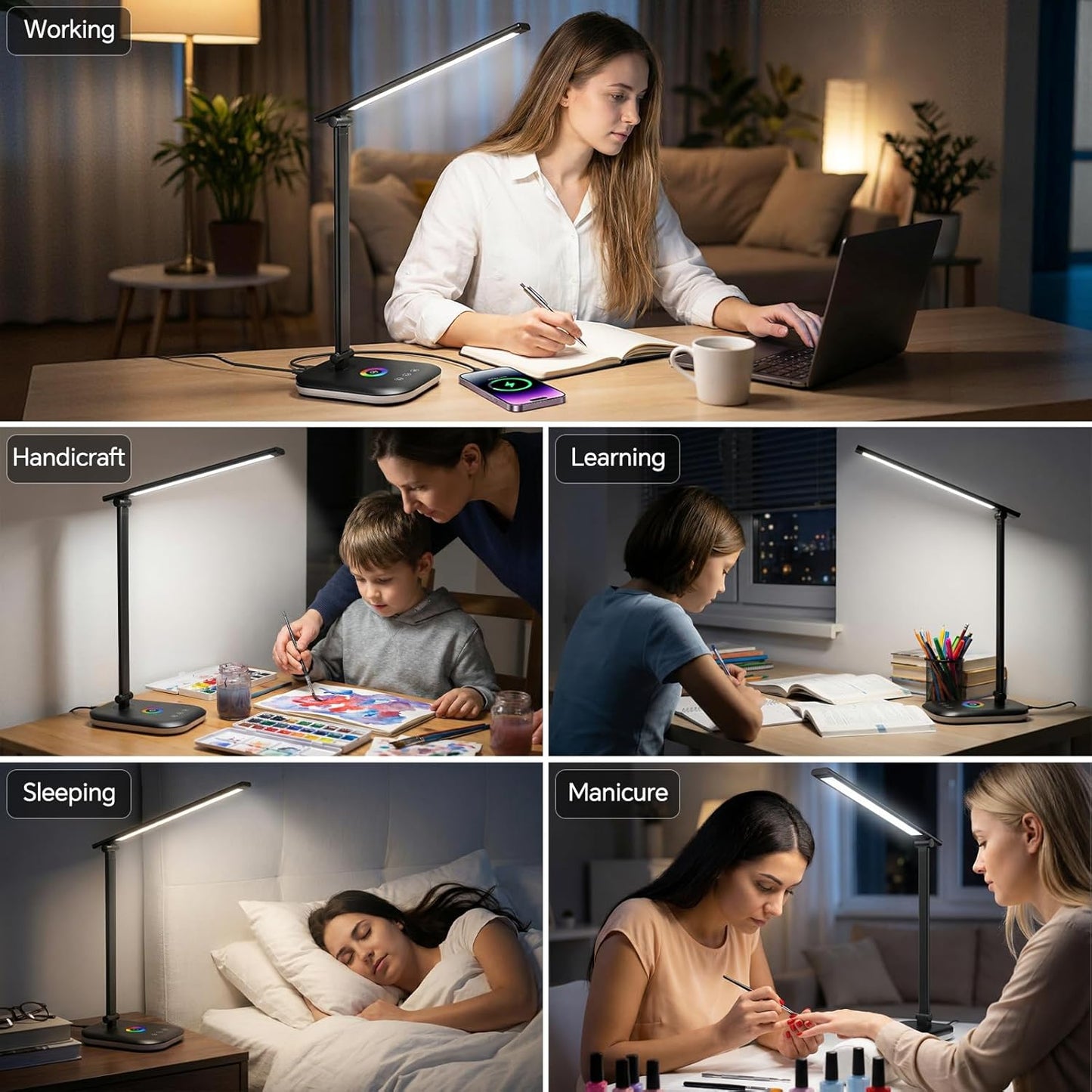 Bright LED Desk Lamp for Office Home, 10%-100% Stepless Dimmable & 5 Color Temperatures, Eye Caring Desk Light for Office, Study, Craft, Puzzle, Nail, Sewing | USB Charging | 45 Min Timer | RGB