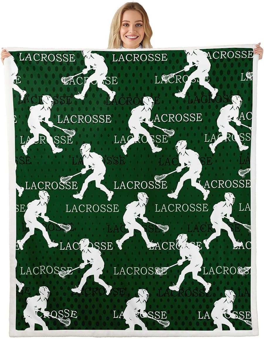 Feelyou Boys Lacrosse Sherpa Blanket Throw 50"x60" Lacrosse Player Pattern Fleece Throw Blanket for Kids Girls Sports Theme Green Decor Bedroom