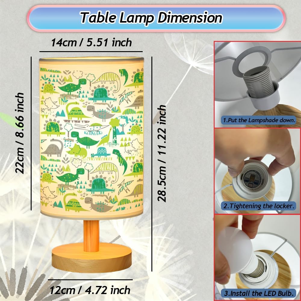 Dinosaur Kids Bedside Table Lamp for Bedroom, 3 Colors Nightstand Light Lamp with Wood Base Round Flaxen Fabric Shade Desk Reading Lamp for Girls Boys Room Decor, Dinosaur Nursery Stuff Boys Gifts