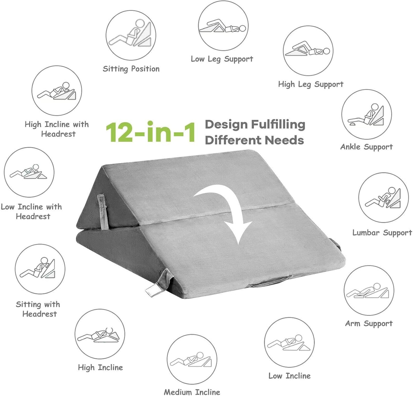 Bed Wedge Pillow Adjustable Neck Back Support Memory Foam Headrest Grey