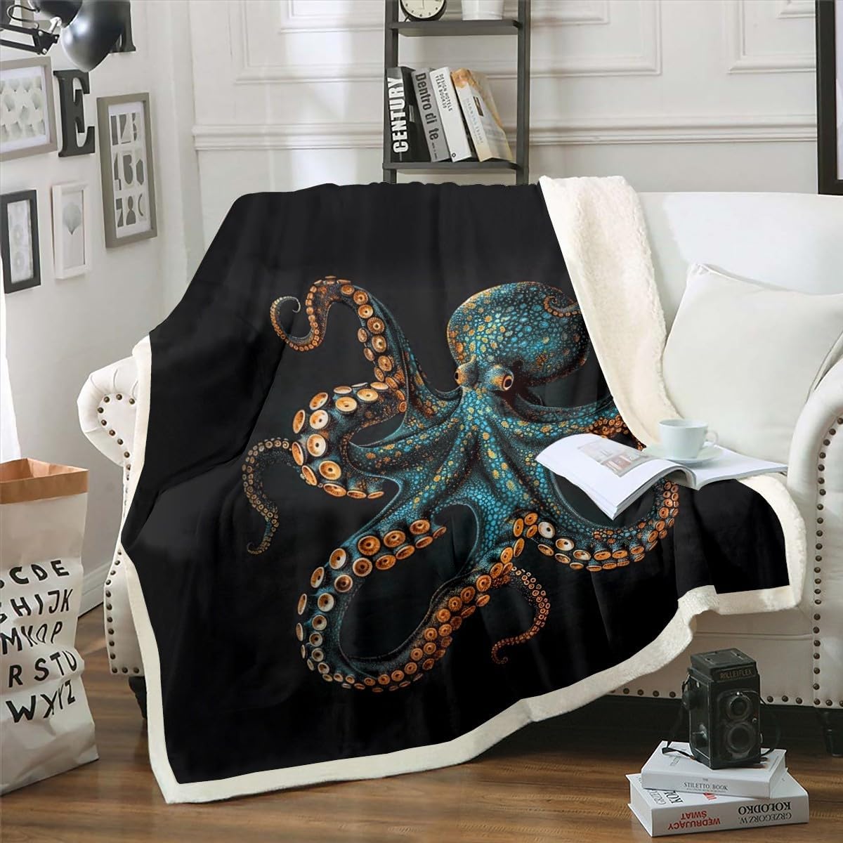 Feelyou Blue Black Octopus Fleece Throw Blanket Queen 90"x90" Tentacles Sherpa Blanket Boys Girls Kids for Bed Sofa Couch Room Decor Ocean Kraken Plush Blanket Sealife Sea Animal Fuzzy Blanket