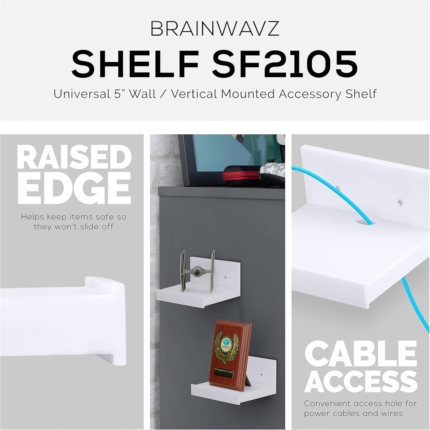 5” Small Floating Shelf, Adhesive & Screw In, For Bluetooth Speakers, Cameras, Plants, Toys, Books & More, Easy to Install Shelves, By Brainwavz (SHELF SF2105, White)