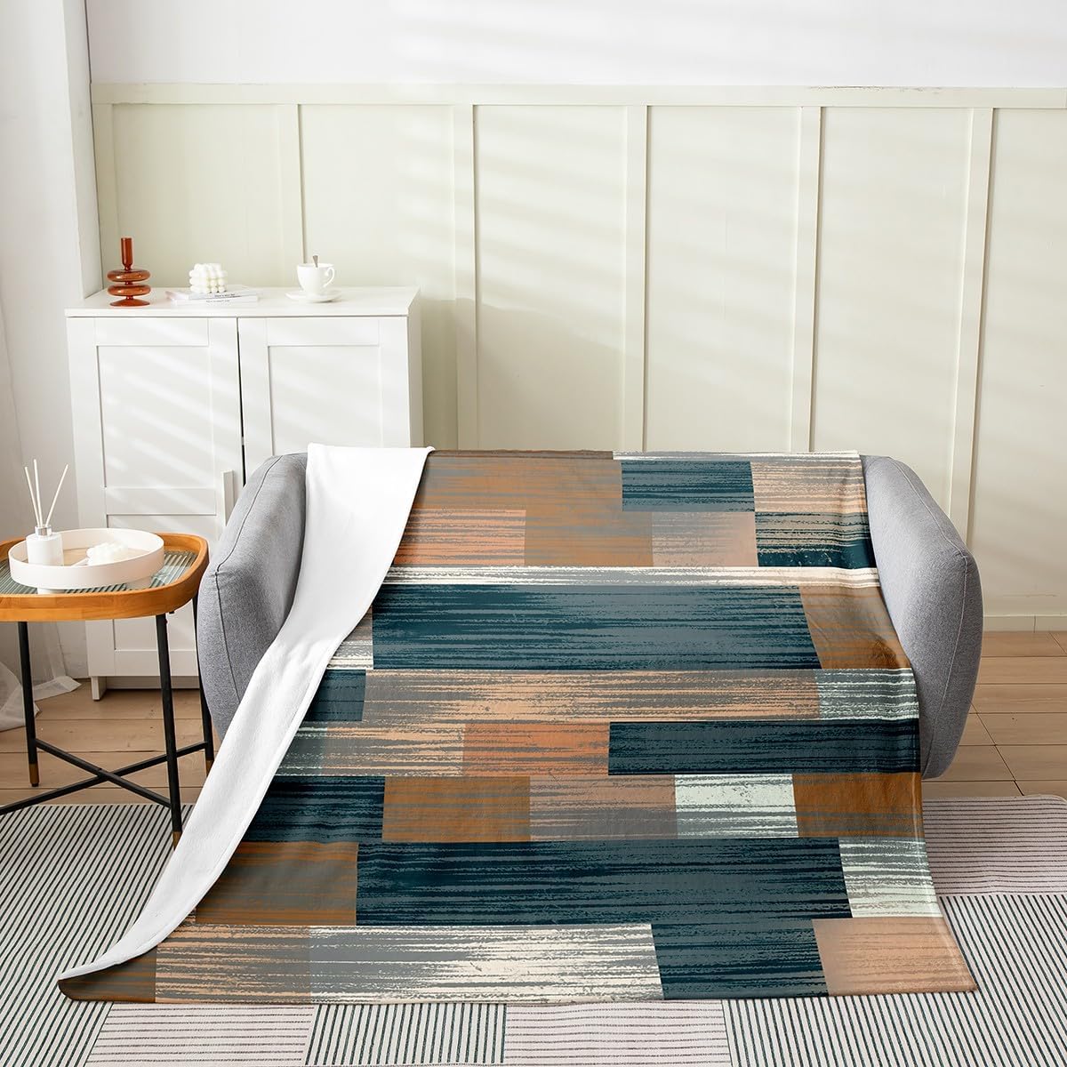 Erosebridal Geometric Fleece Blanket 40x50 - Ultra-Soft for Couch Sofa Bed,Vintage Boho Flannel Blanket,Wooden Plank Patchwork Fuzzy Plush Throw for Kids Room,Abstract Art Room Decor