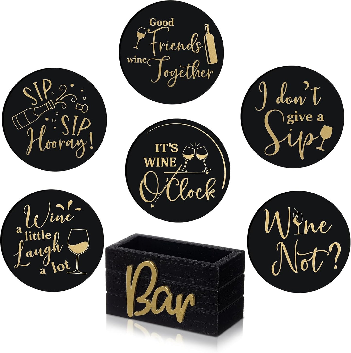 Wine Gifts Coasters for Women Set of 6 Wine Accessories for Lovers House Warming Gifts New Home Funny Cocktail Coasters with Holder for Adults Bar Party, 4 Inch(Black)