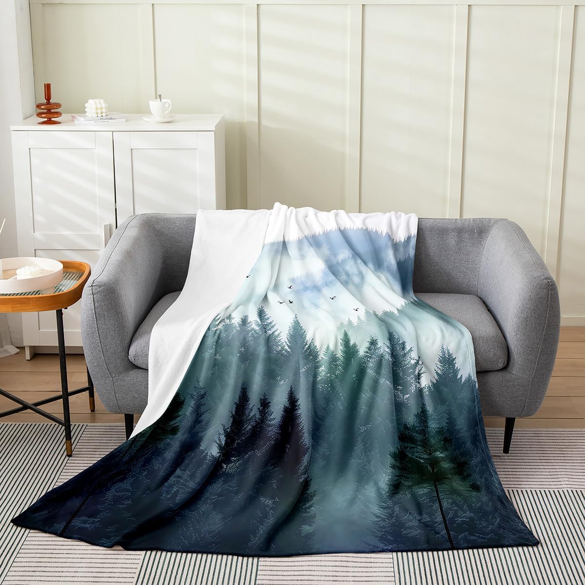 Erosebridal Pine Tree Queen Inch, Mist Botanical Fleece Throw Blanket Woodland Landscape Flannel Blanket Nature Trees Luxury Soft Mysteries Wild Animals Birds Bedroom Decor