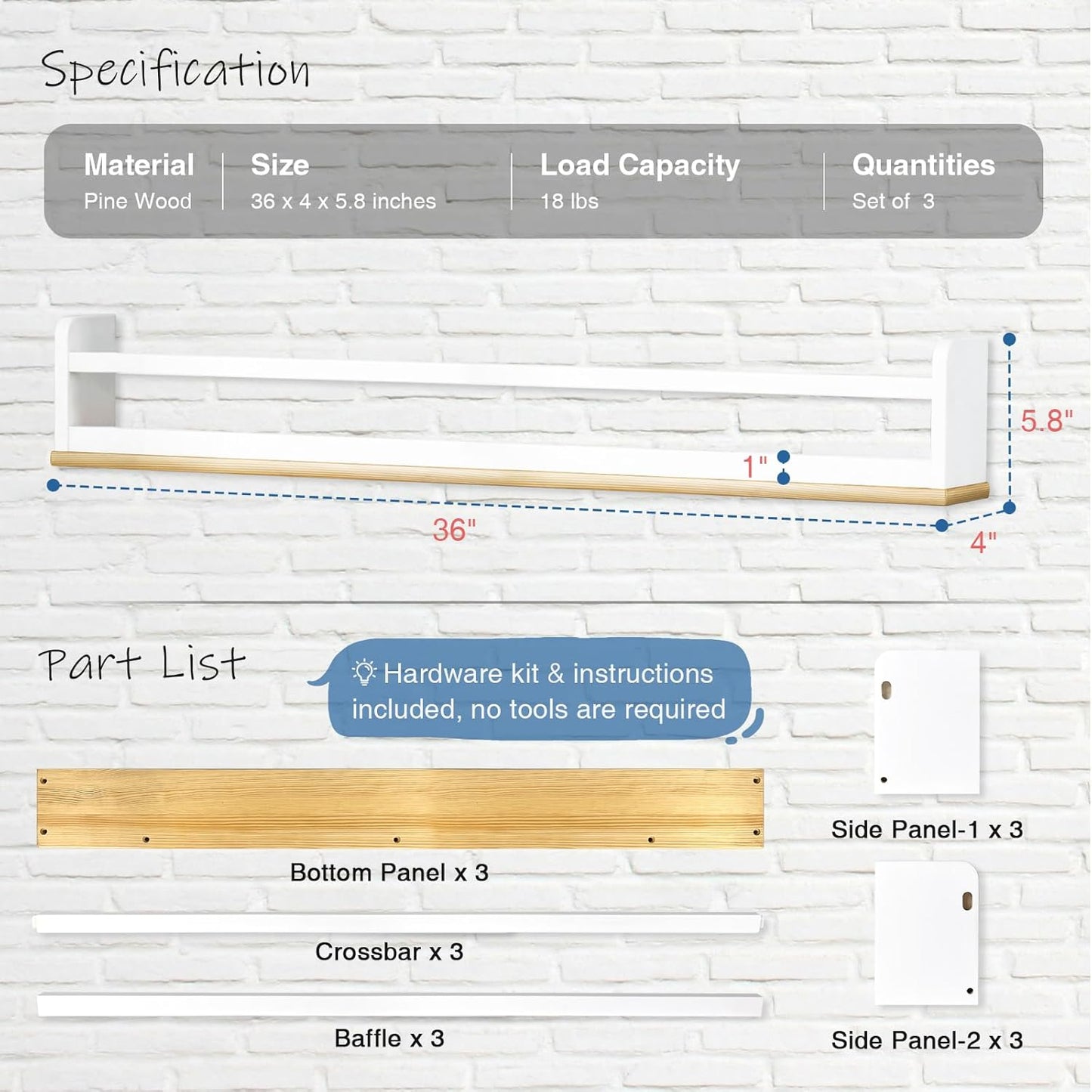 Kids Bookshelf Wall Mounted 36 Inch Long, White and Natural Wood Nursery Floating Bookshelves for Wall, Large Hanging Book Shelves for Baby Toddler Kid Childs Bedoom Playroom -Set of 3