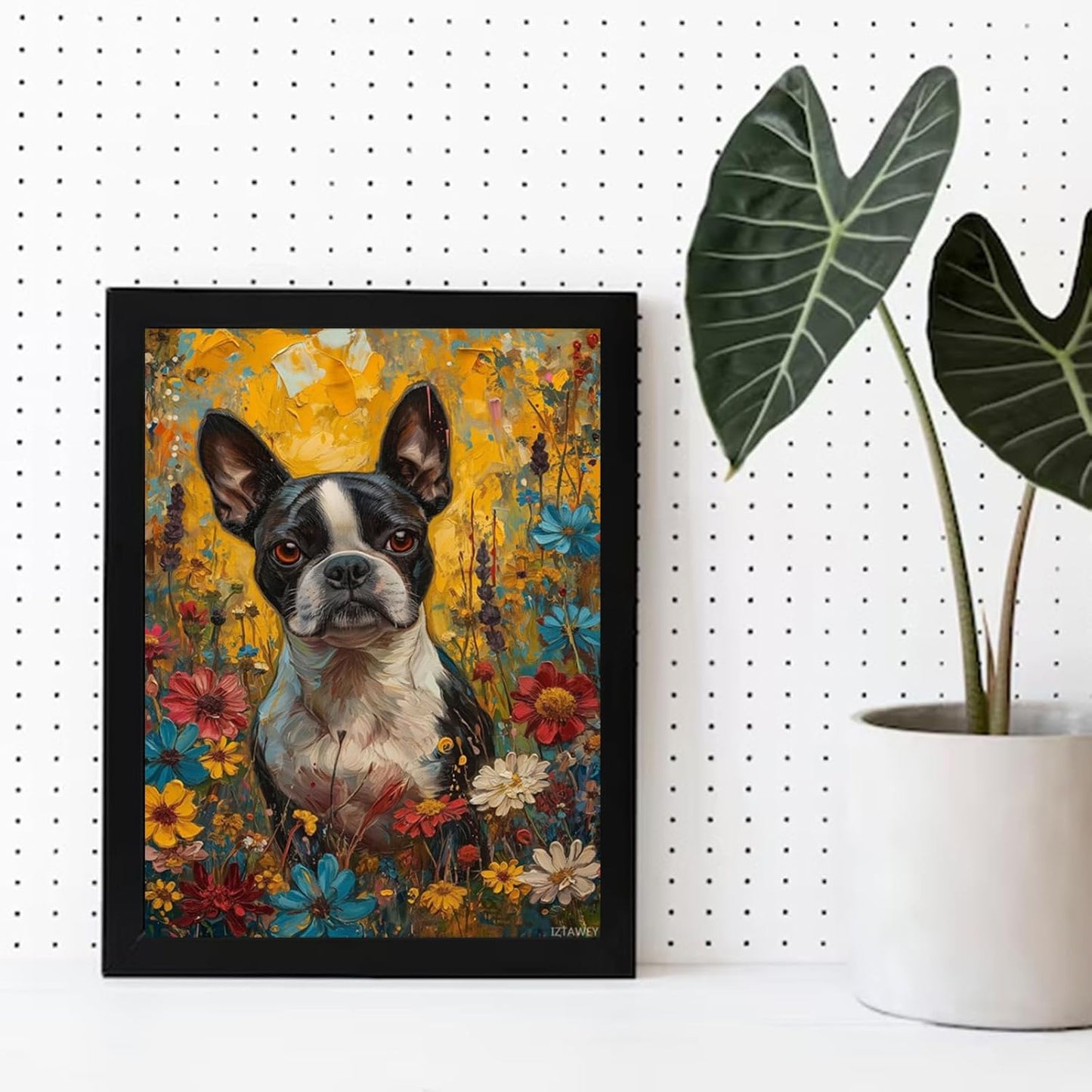 IZTAWEY Wall Art Boston Terrier Art for Bathroom Painting Animal Canvas Prints Room Decor Bedroom Living Room Office Apartment Kitchen Decoration Artwork 12x16inch Without Frame