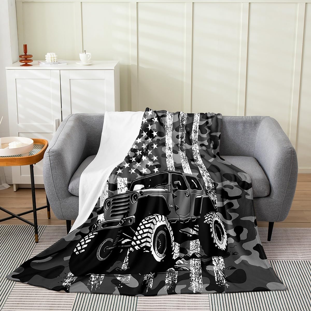 Manfei Gray Off-Road Vehicle Flannel Blanket,Retro Camouflage American Flag Graffiti Fleece Blanket for Room Decor,Adventure Sports Race Car Throw Blanket for Sofa Couch,50"x60"