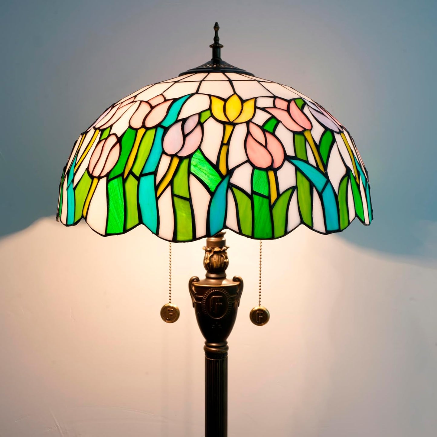 Tiffany Floor Lamp Pink Orange Tulips Stained Glass lamp for Living Room Bedroom Office Bright Lighting Rustic Corner Decor Standing Tall Unique Vintage Reading Aesthetic Light
