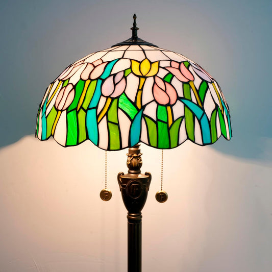Tiffany Floor Lamp Pink Orange Tulips Stained Glass lamp for Living Room Bedroom Office Bright Lighting Rustic Corner Decor Standing Tall Unique Vintage Reading Aesthetic Light