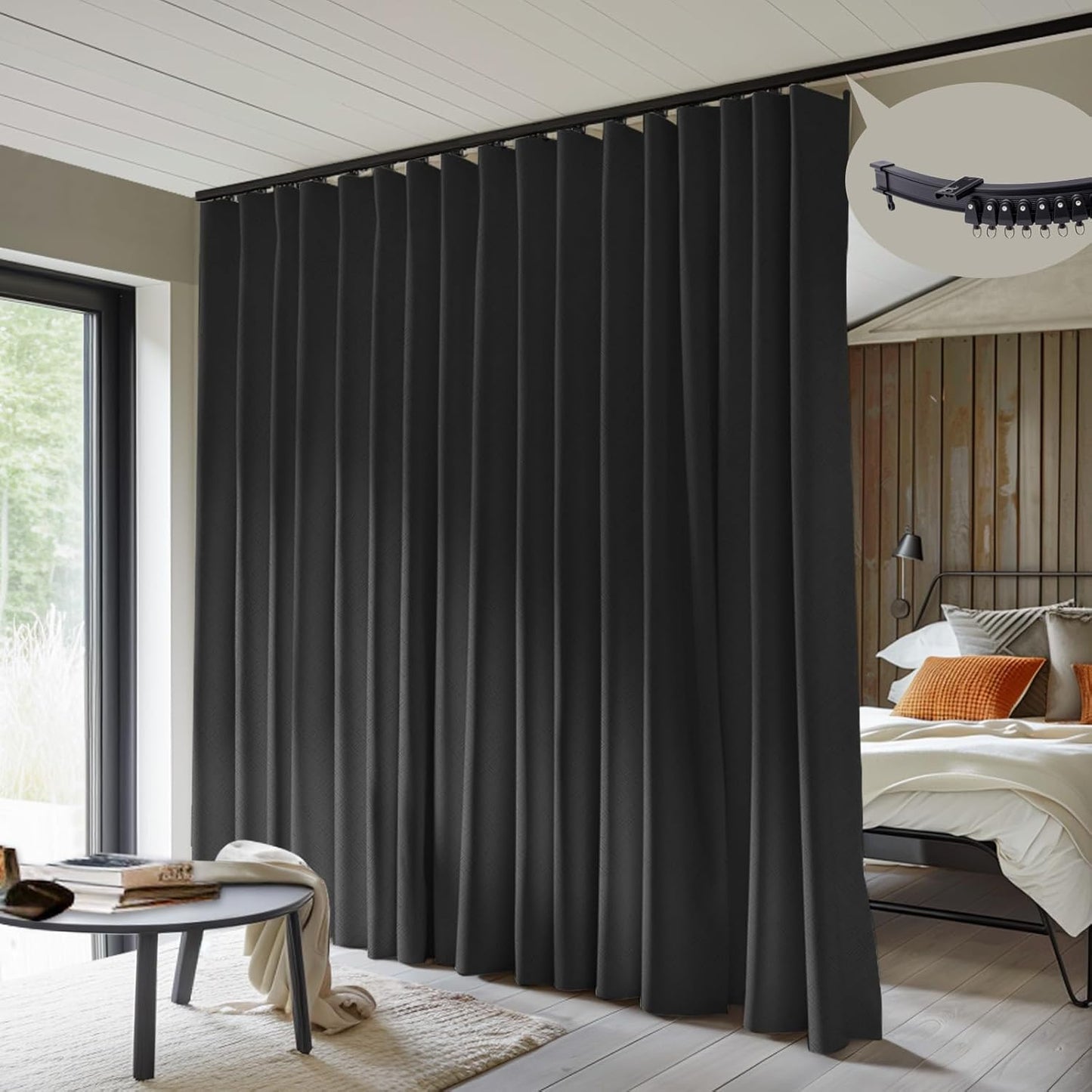 Room Divider Curtains with Flexible Ceiling Curtain Tracks Set,100% Blackout Floor to Ceiling Curtains Patio Sliding Door Curtains (Black Drape & Black Rail W 8.3 × H 8 FT)