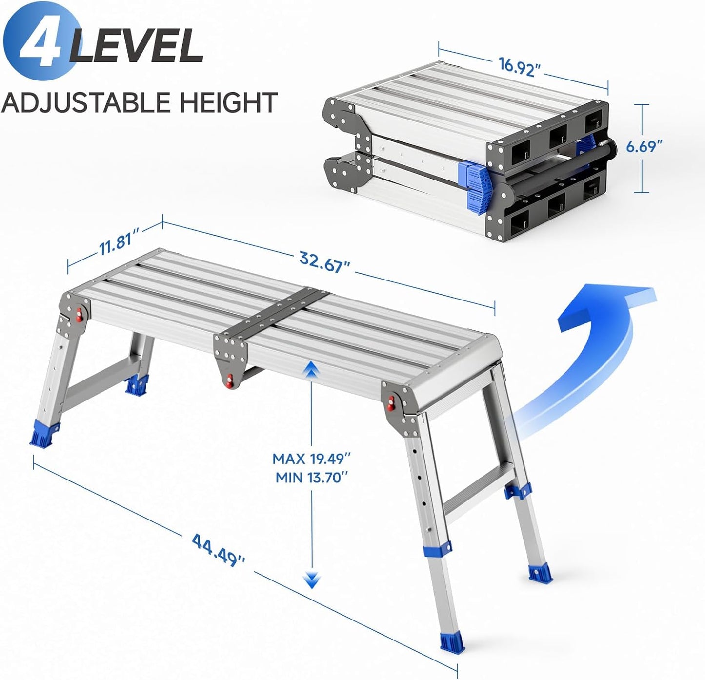 Folding Work Platform for Adults, Aluminum Foldable Step Stool Adjustable Height, Lightweight and Durable Portable Outdoor Aluminum Step Ladder, Maximum Load Capacity of 500 Pounds.