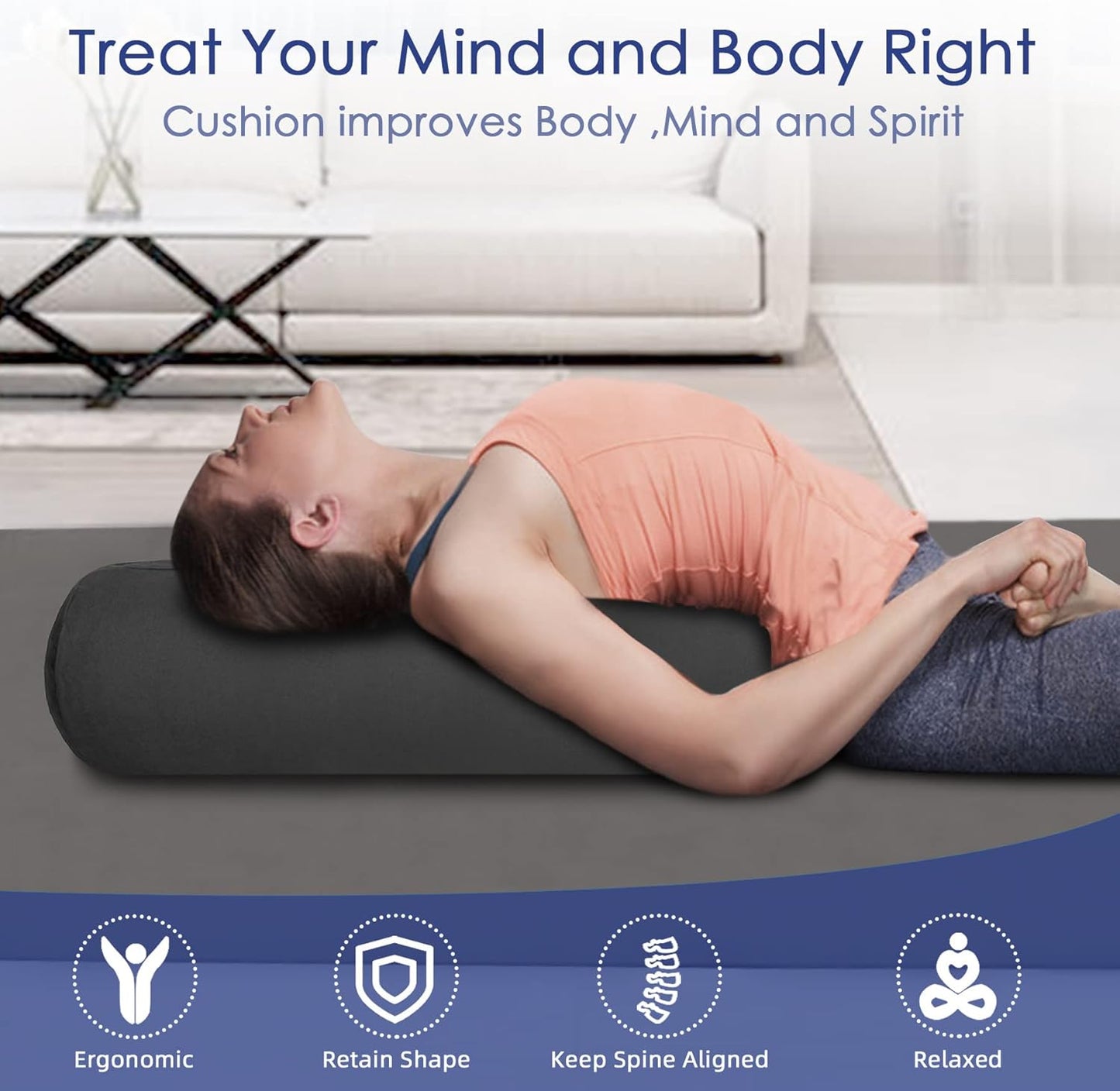 Organic Buckwheat Bolster(24X9 in) Yoga Bolster Supportive Yoga Cushion for Restorative Yoga Accessories Meditation Pillow Reading Pillow Floor Pillow Large Round Cylinder