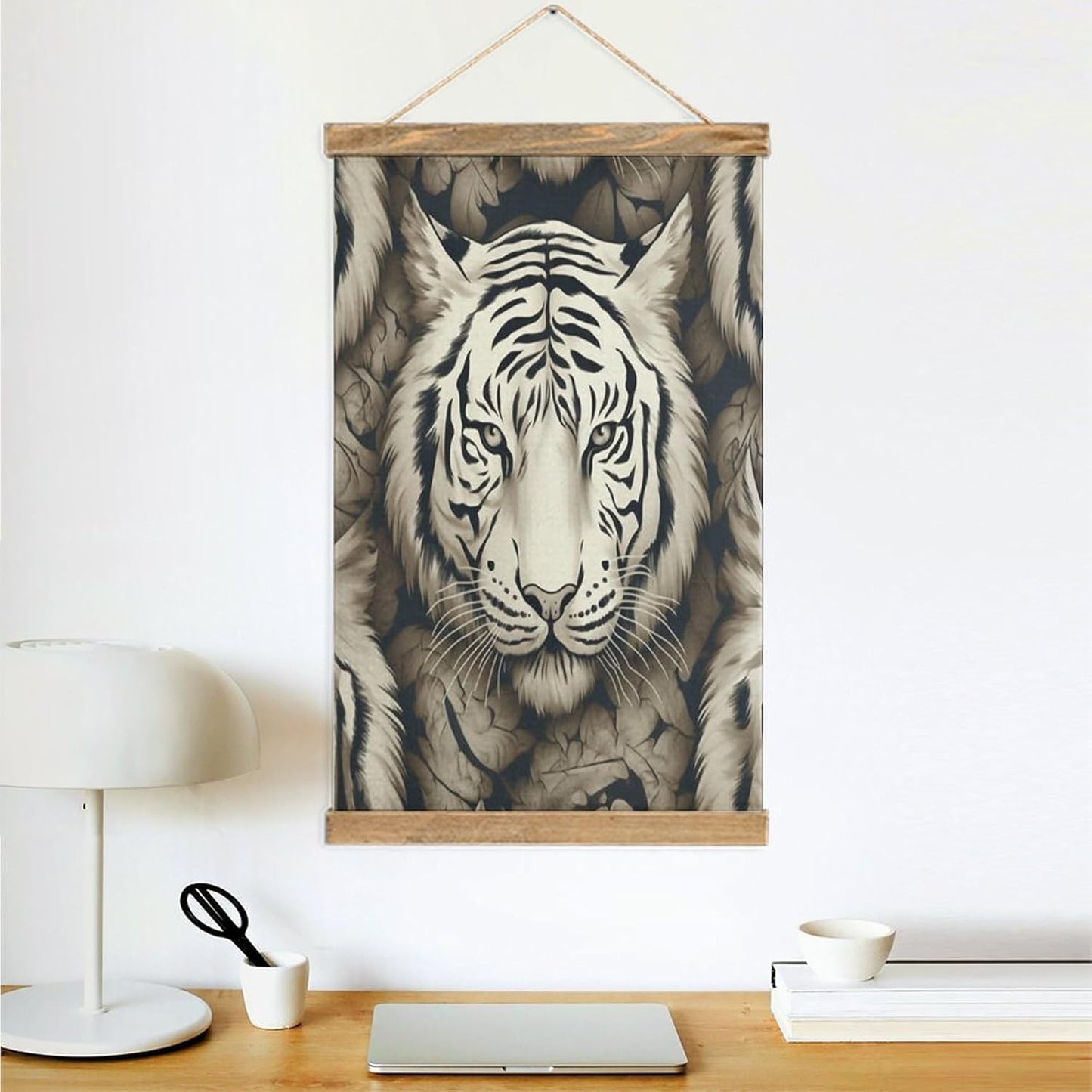 Vintage White Tiger Head Pattern Poster with Wooden Frame Personalized Linen Hanging Scroll Painting Rustic Wall Hanging Illustrative Modern Artwork Decor for Home Living Room Bedroom Office
