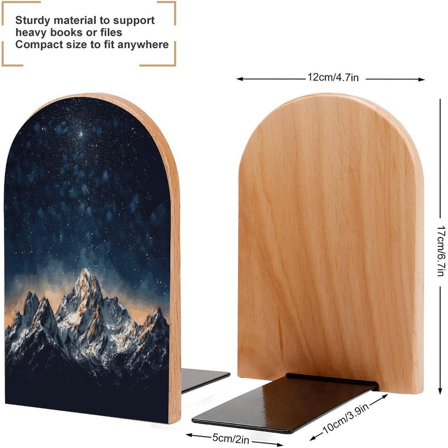 Starry Night The Mountains Wooden Bookend Non-Slip Book Ends Heavy Duty Book Stopper with Metal Base Books Holderd Decorative Bookends Stands Firmly for Office Supplies
