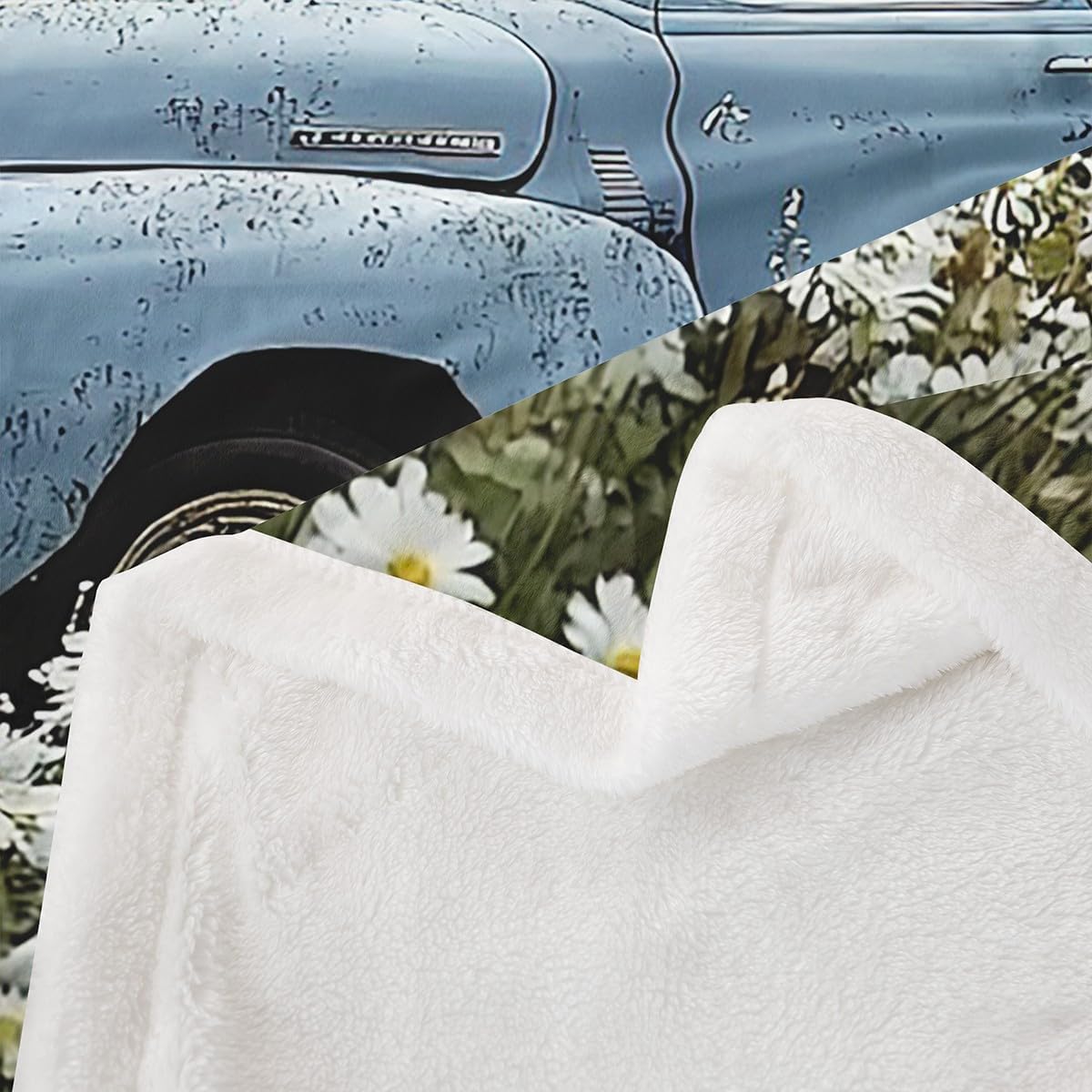 Erosebridal Farmhouse Fleece Blanket Throw 50"x60" Old Barn Sherpa Blanket for Young Teens Country Antique Pickup Truck Blue Car White Flowers Retro Tree Spring Fuzzy Plush Throw