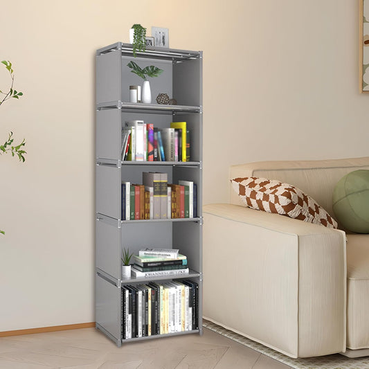 Book Shelf, 6 Tier 5 Cubes Modern Bookshelf, Non-Woven Fabric Book Shelves with Metal Pipe Frame Heavy Duty 61" Tall Narrow Bookcases Unit Cube Storage Display for Bedroom