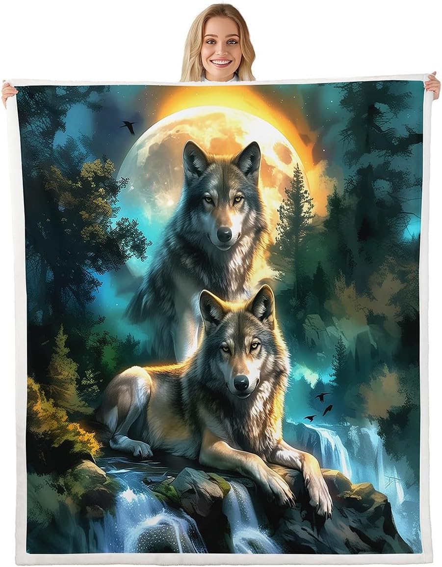 Feelyou Wolf Sherpa Blanket Queen 90"x90" Mountain Moon Wolves Fleece Throw Blanket for Bed Sofa Couch Wild Animals Plush Blanket Fantasy Wildlife Print Fuzzy Blanket